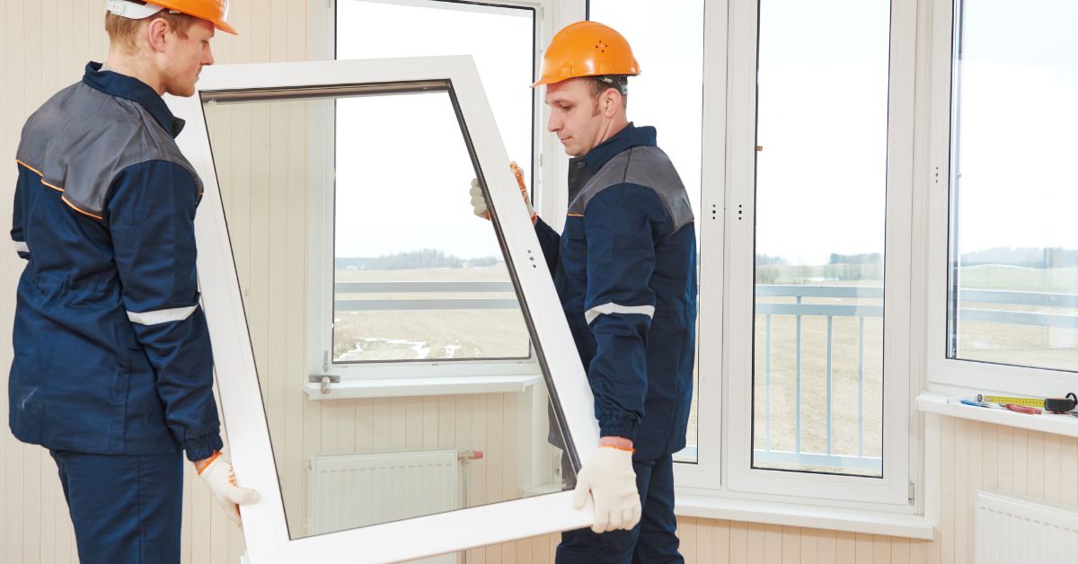 Arbejdere sætter vindue i